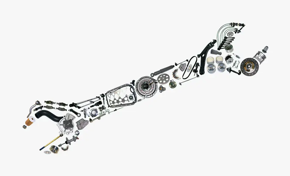 Several car parts in the shape of a spanner